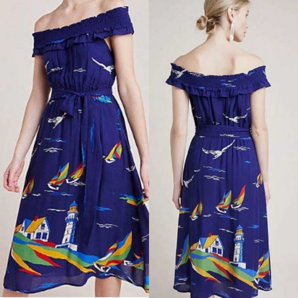 NWT Anthropologie 48 Of 52 Conversations Off Shoulder Nautical Midi Dress Size 6